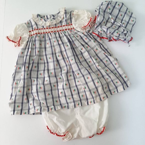 Vintage Other - Vtg Blue Embroidered RW&B Picnic Plaid Dress Summer Playsuit w Matching Hat